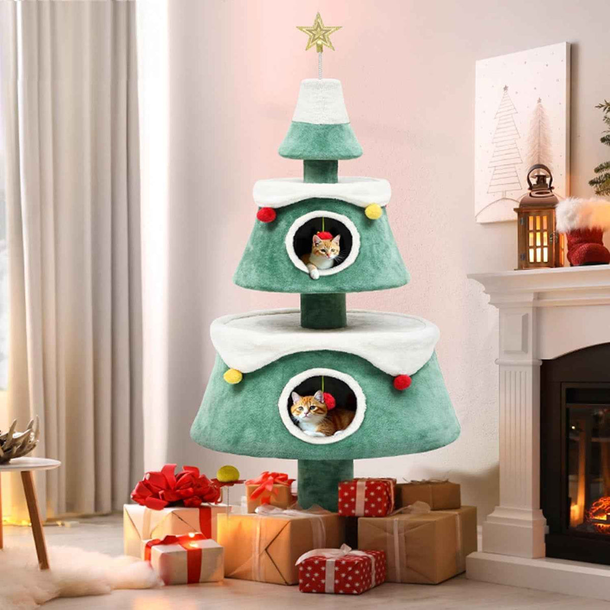 Christmas Cat Tower with 2 Enclosed Houses – 60 & 63 in