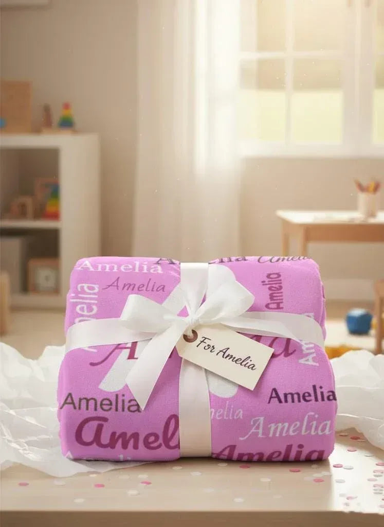 Your Letter and Name - Personalized Name Blanket: Pink & White Flannel Fleece Throw