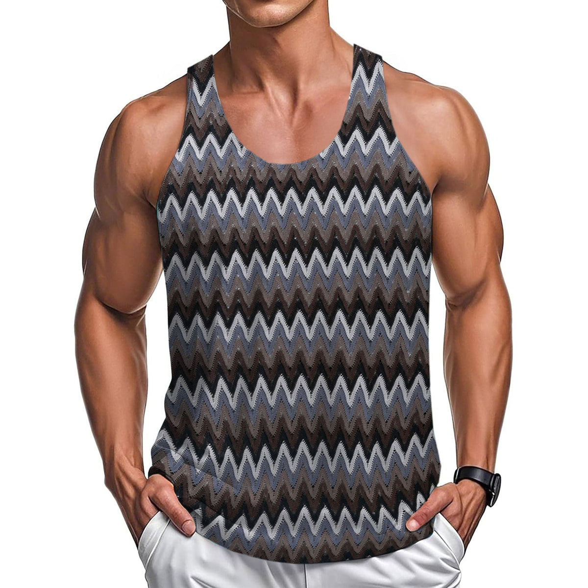 Summer Casual Men's Clothing Retro Style Contrast Color Wave Color Stripes Fabric Vest