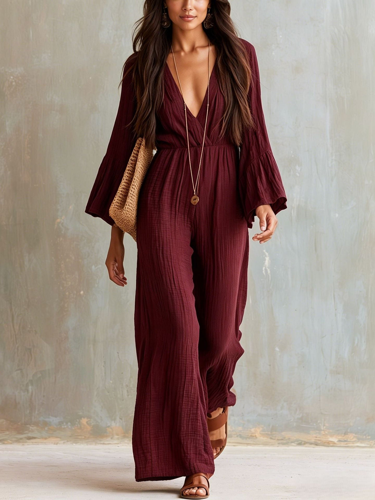 Bohemian-style V-neck Loose-fit Wide-leg Jumpsuit
