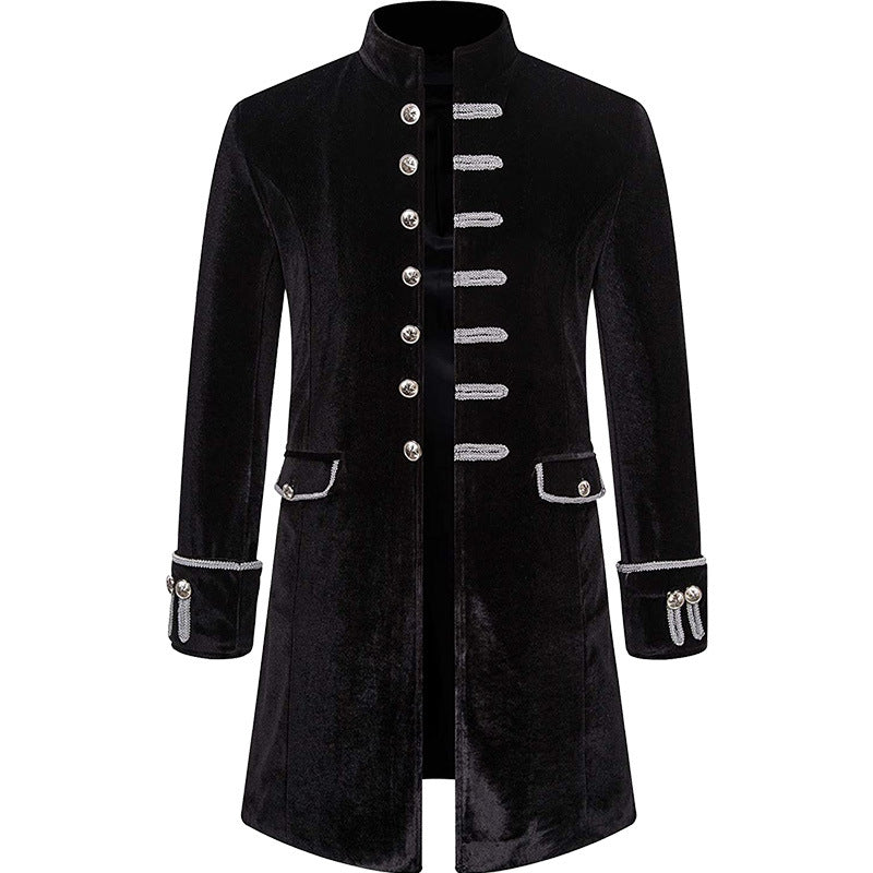 Mens Solid-Color Steampunk Velvet Uniform Stand-Up Collar Coat