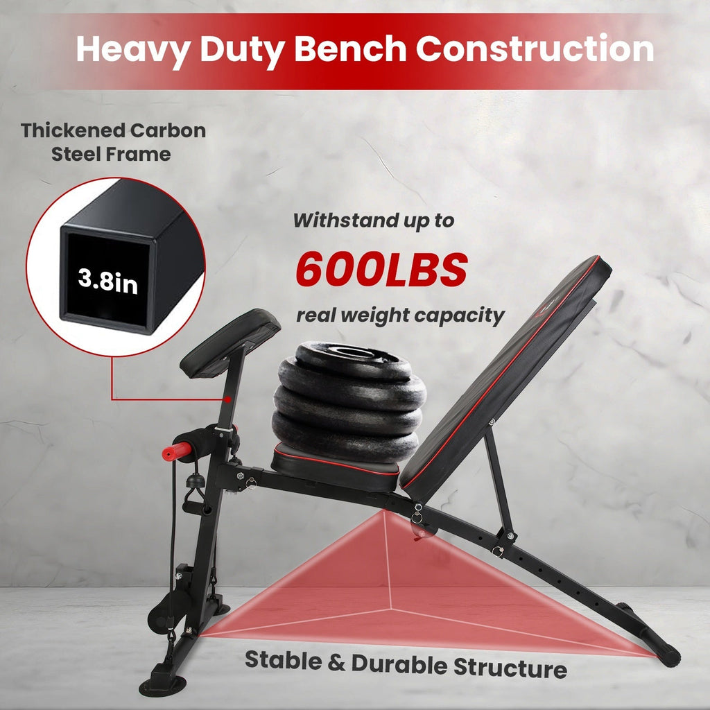 Adjustable Weight Bench with Preacher Curl Pad & Resistance Bands