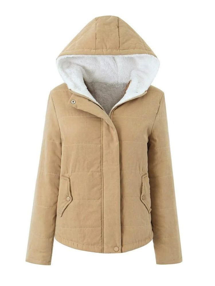 Womens Fleece-lined Hooded Loose-fit Cotton Coat Plus Size