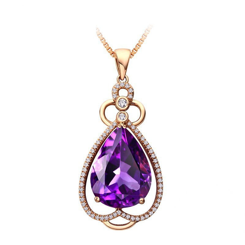 Quality Ear Hook Purple Gemstone Diamond Ring Rose Gold Collarbone Necklace Set