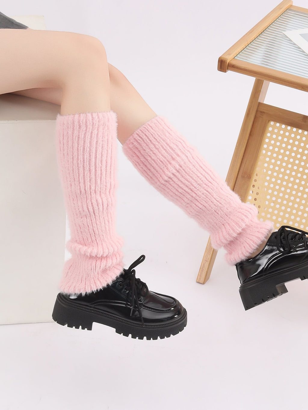 Autumn Winter Solid Knitted Fuzzy Sock Covers Women Thickened Warm Y2K Style Fleece-Lined Fluffy Fur Leg Warmers Calf Socks