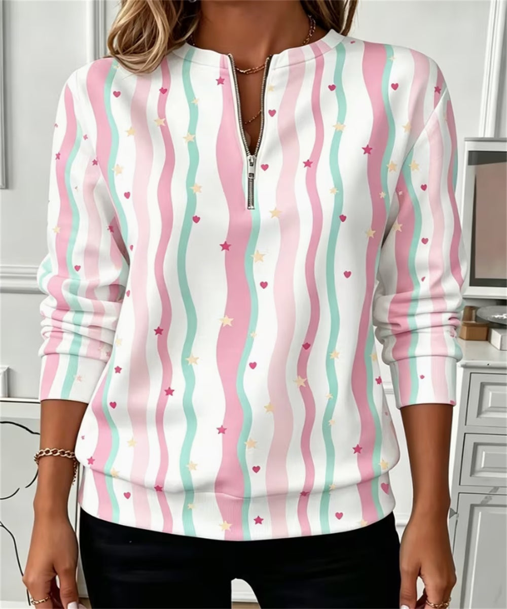 Women Half Zip Long Sleeve Sweatshirt, Wavy Stripe Heart Star Print Casual Pullover Top