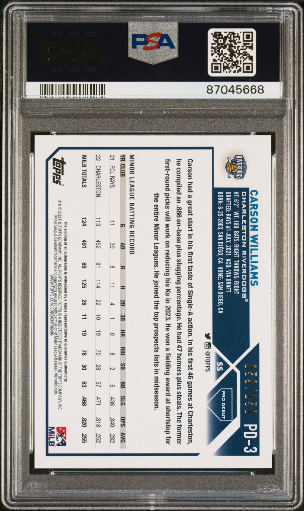 Graded 2023 Topps Pro Debut Carson Williams #PD3 Blue Foil Auto #/150 Rookie RC Baseball Card PSA 10 Gem Mint