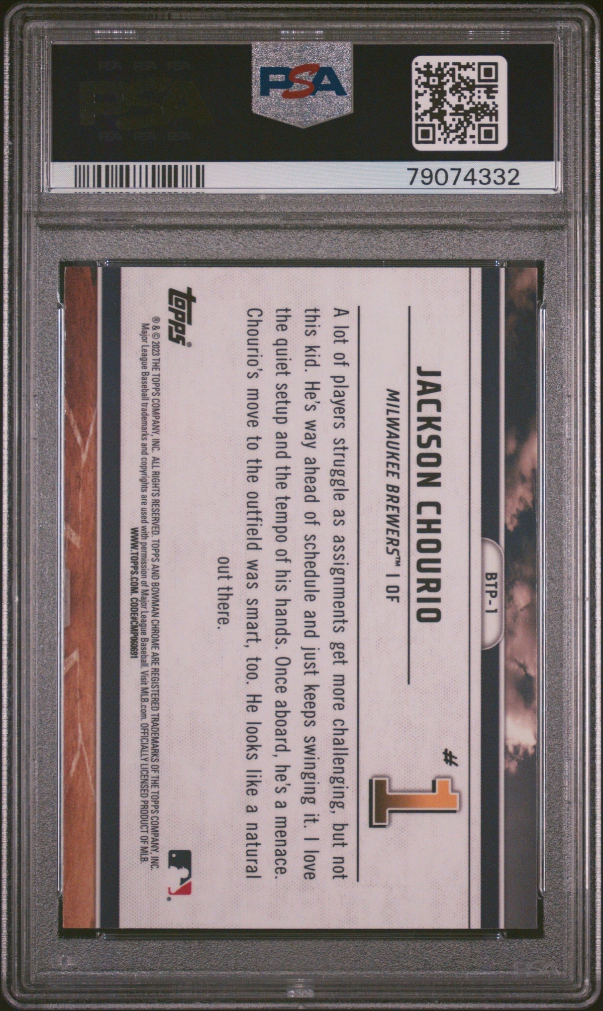 Graded 2023 Topps Bowman Jackson Chourio #BTP1 Scouts Top 100 Rookie RC Baseball Card PSA 10 Gem Mint