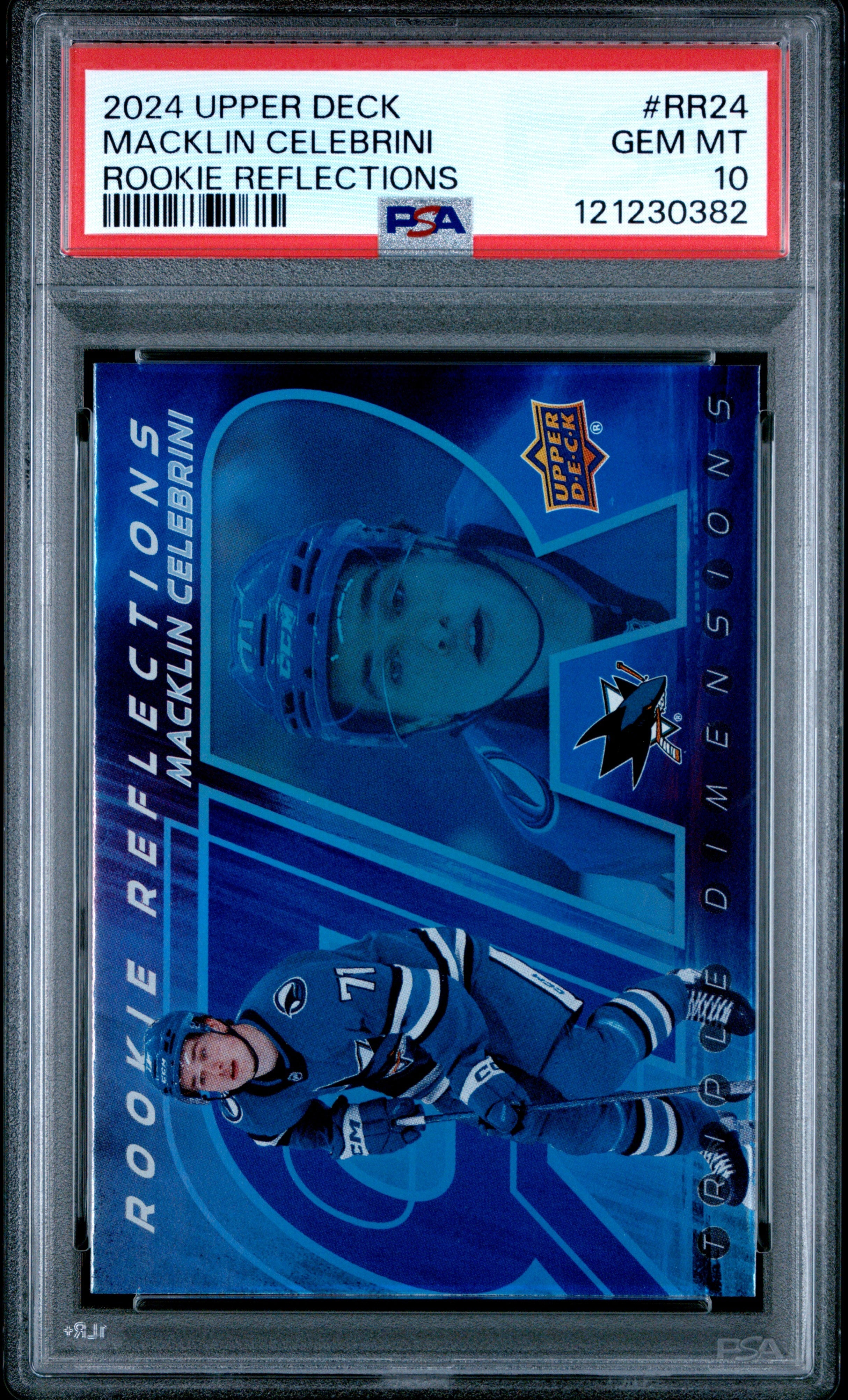 Graded 2024 Upper Deck Macklin Celebrini #RR24 Rookie Reflections Rookie RC Hockey Card PSA 10 Gem Mint