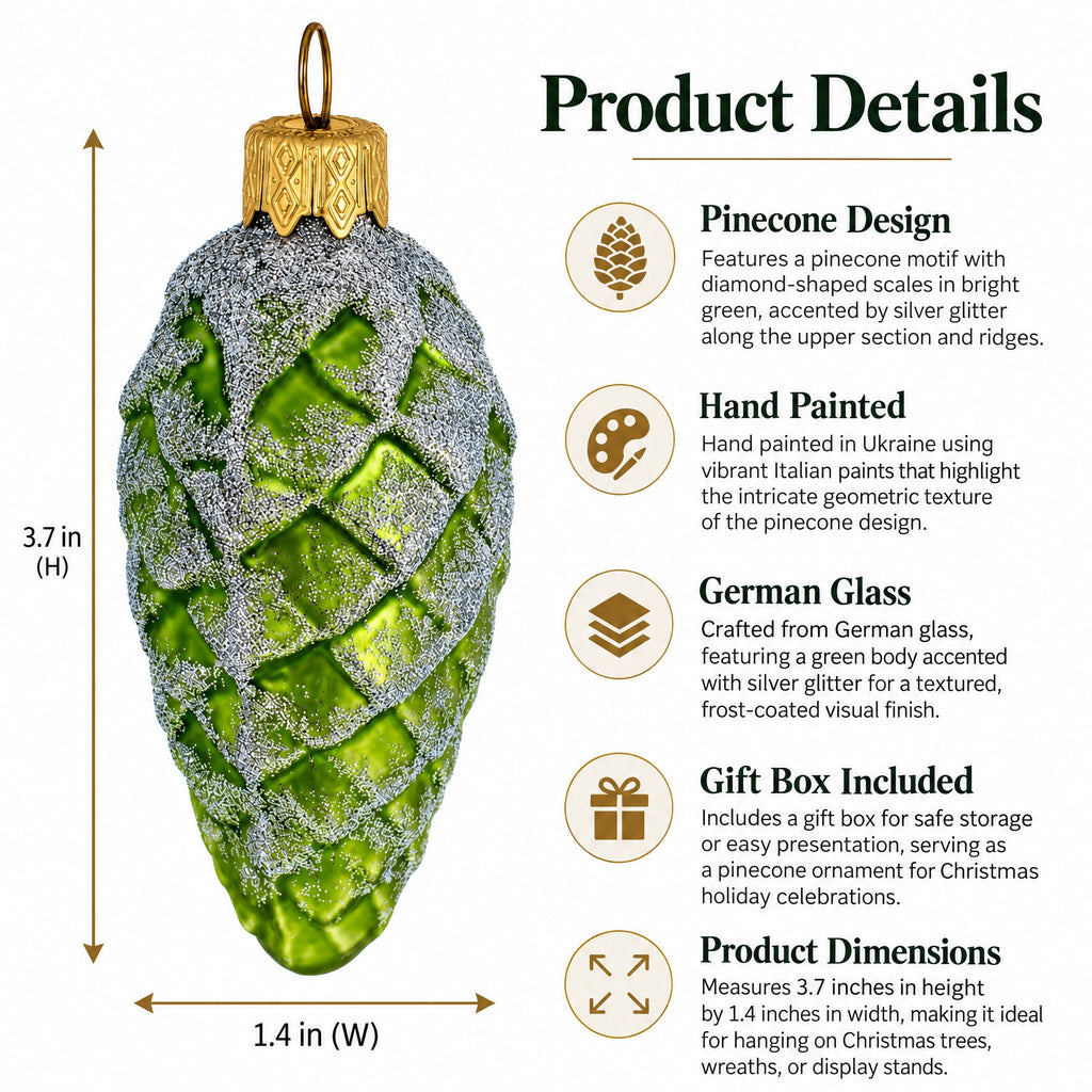 Green Pinecone with Silver Glitter Glass Christmas Ornament