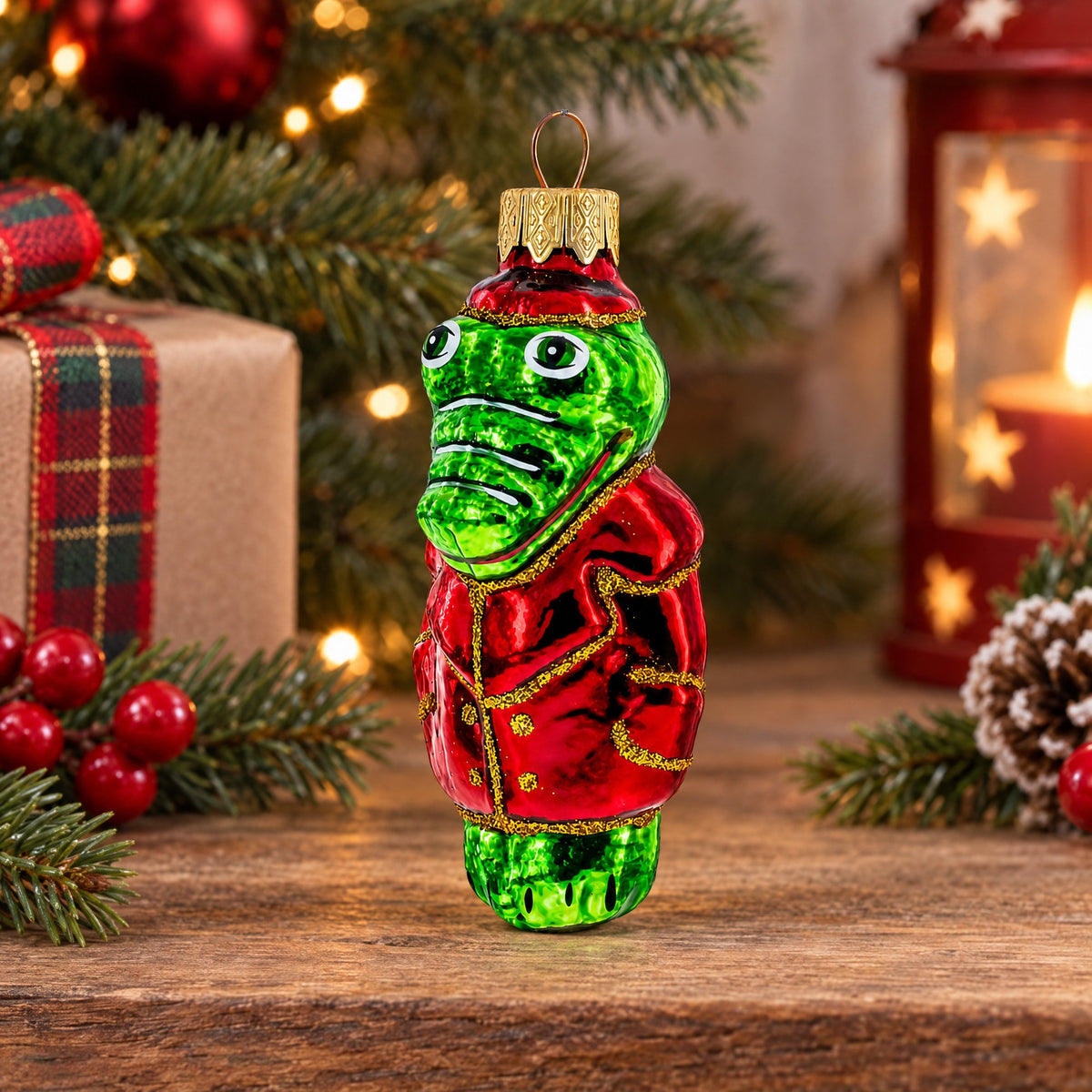 Crocodile in Red Jacket Glass Christmas Ornament