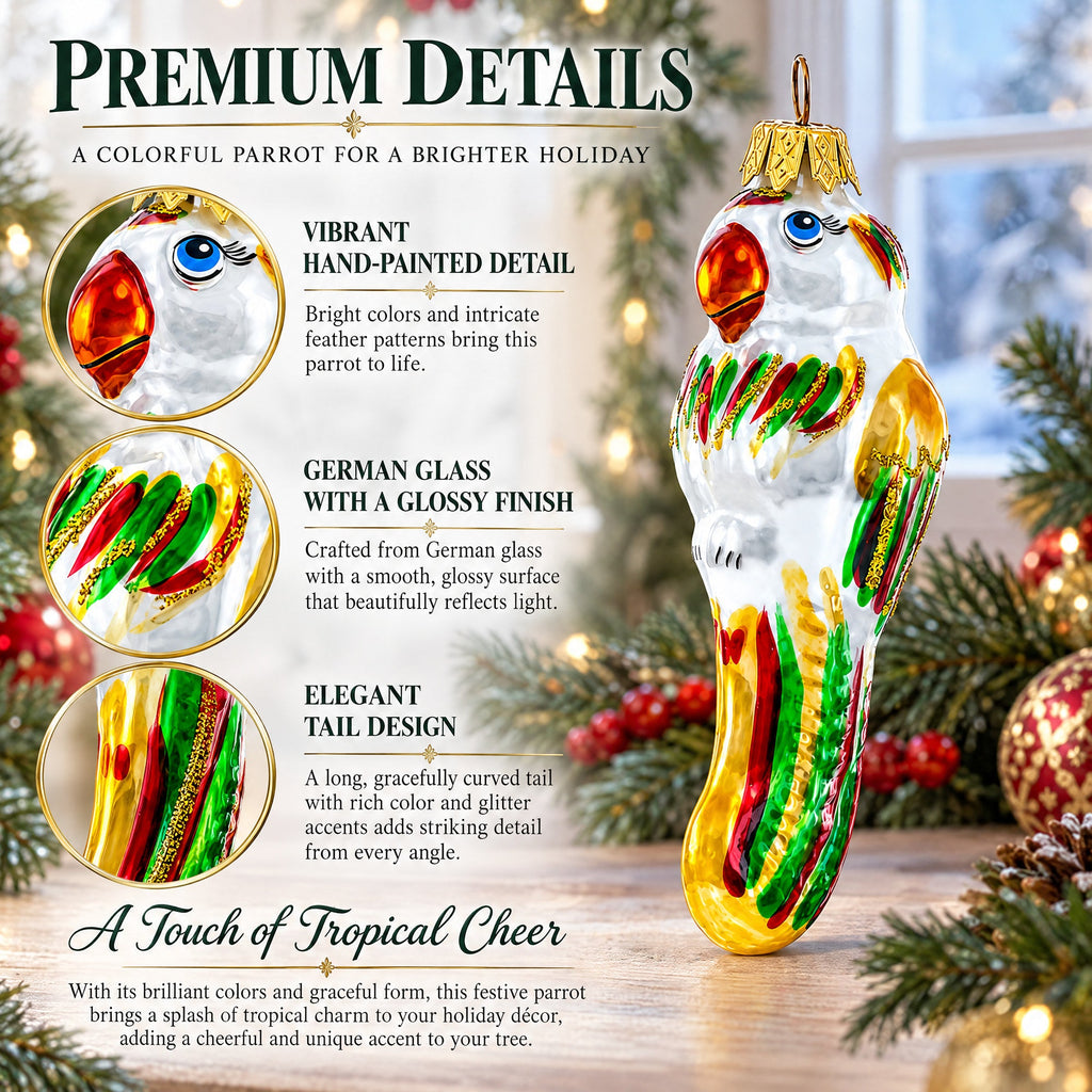 Rainbow-Tailed Parrot Glass Christmas Ornament