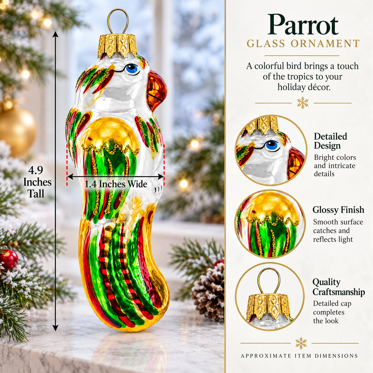 Rainbow-Tailed Parrot Glass Christmas Ornament