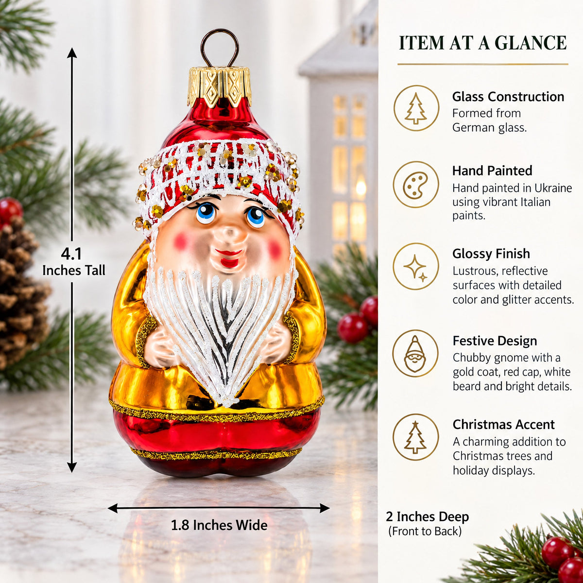 Chubby Gnome Glass Christmas Ornament