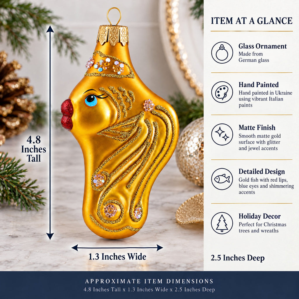 Gold Fish with Red Lips and Blue Eyes Glass Christmas Ornament