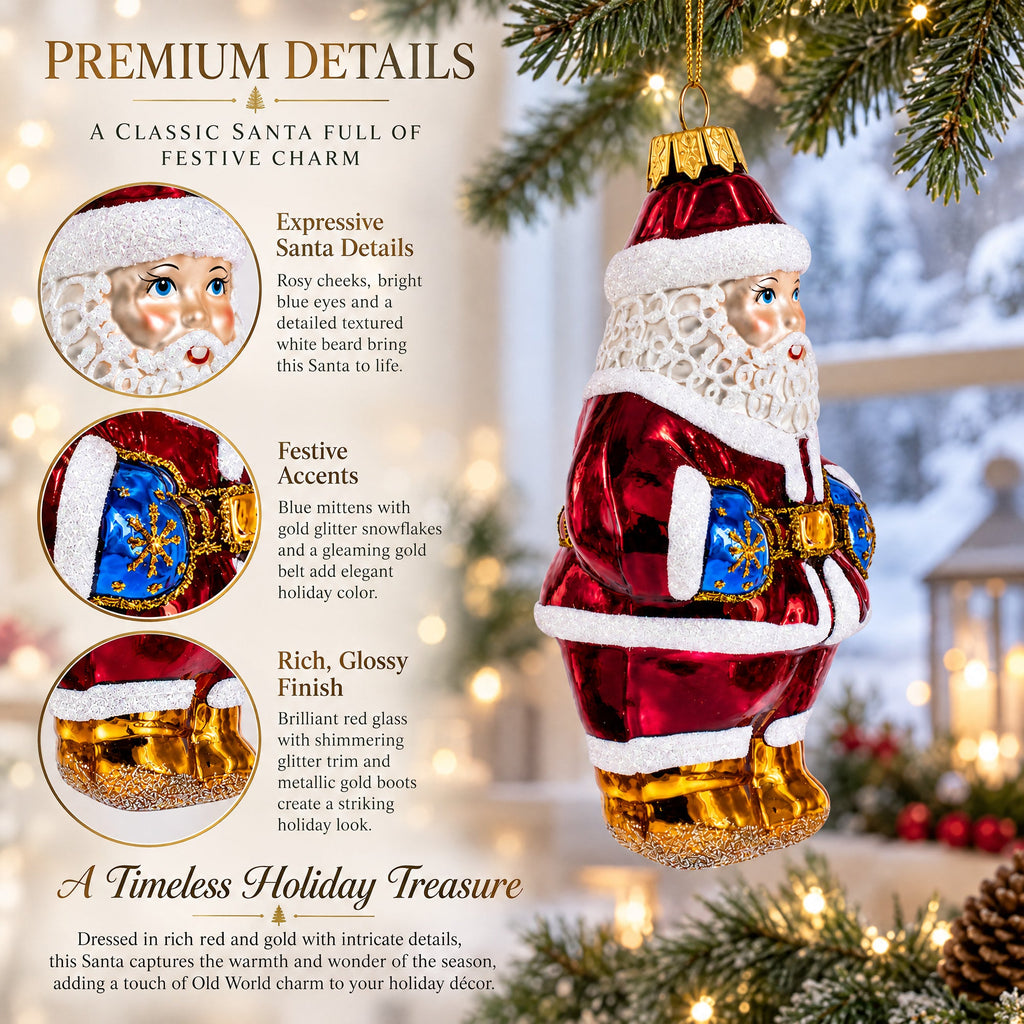 Santa with Blue Mittens Glass Christmas Ornament