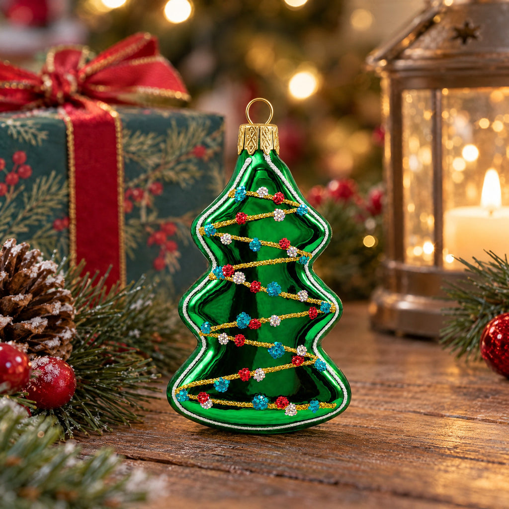 Green Tree with Gold Garland Glass Christmas Ornament