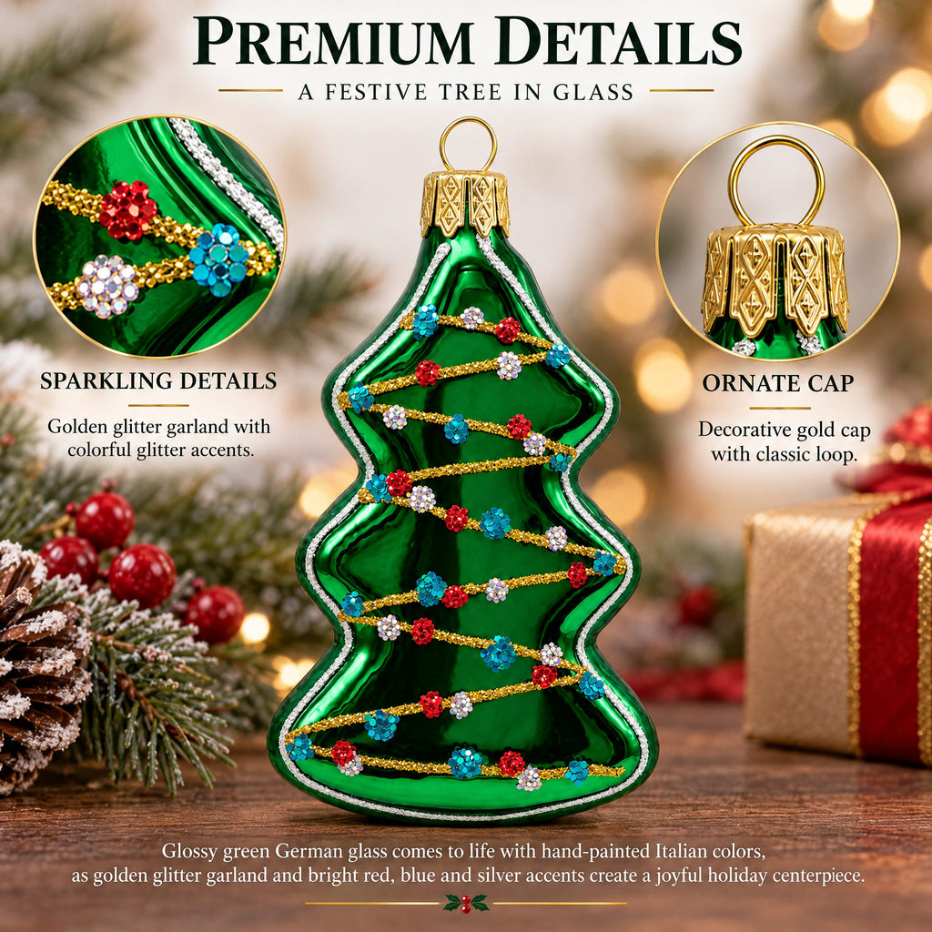 Green Tree with Gold Garland Glass Christmas Ornament