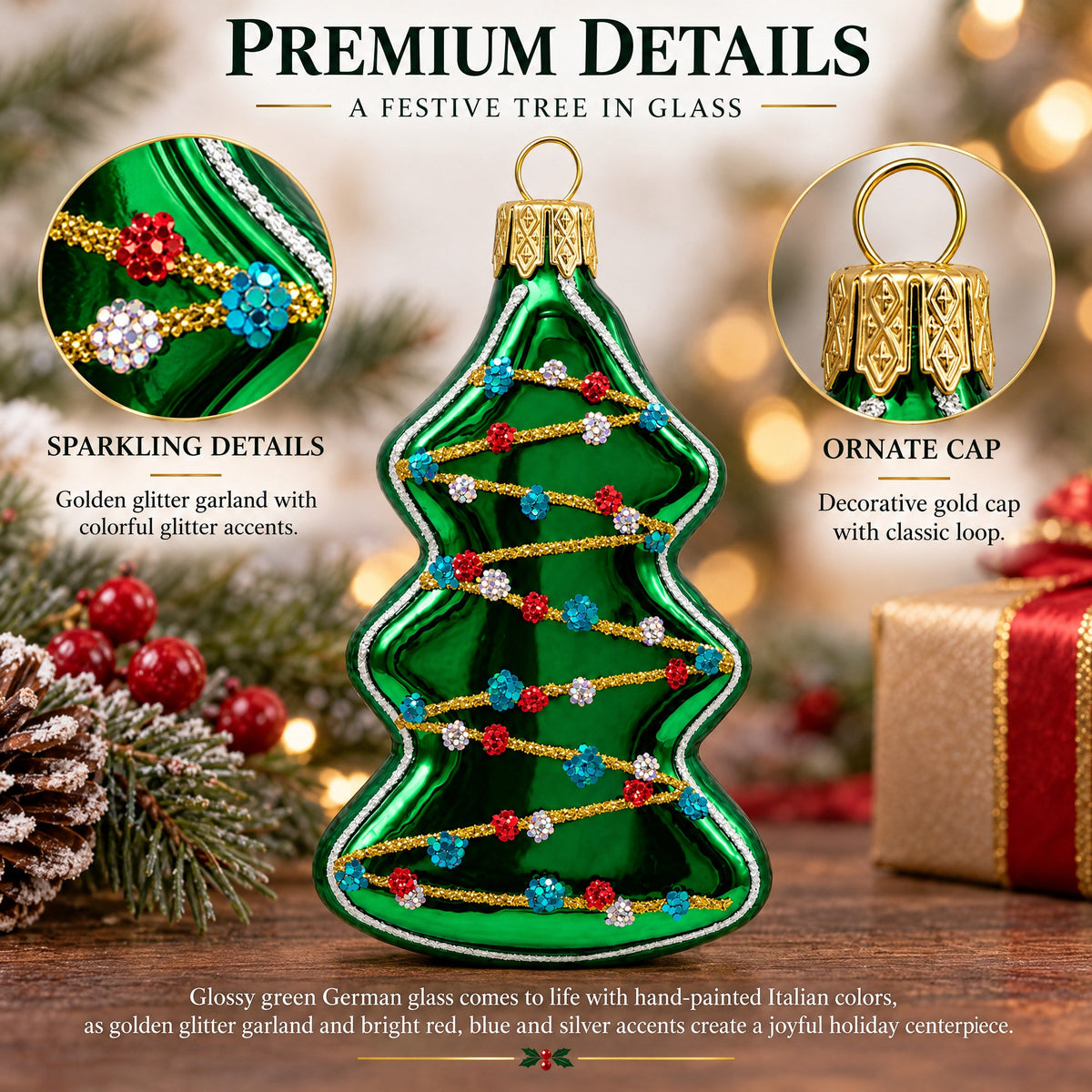 Green Tree with Gold Garland Glass Christmas Ornament