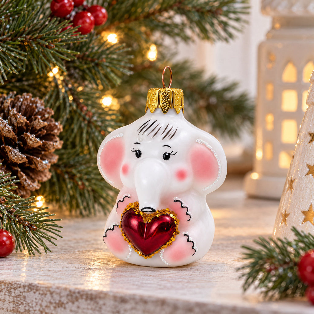 White Elephant with Red Heart Mini Glass Christmas Ornament