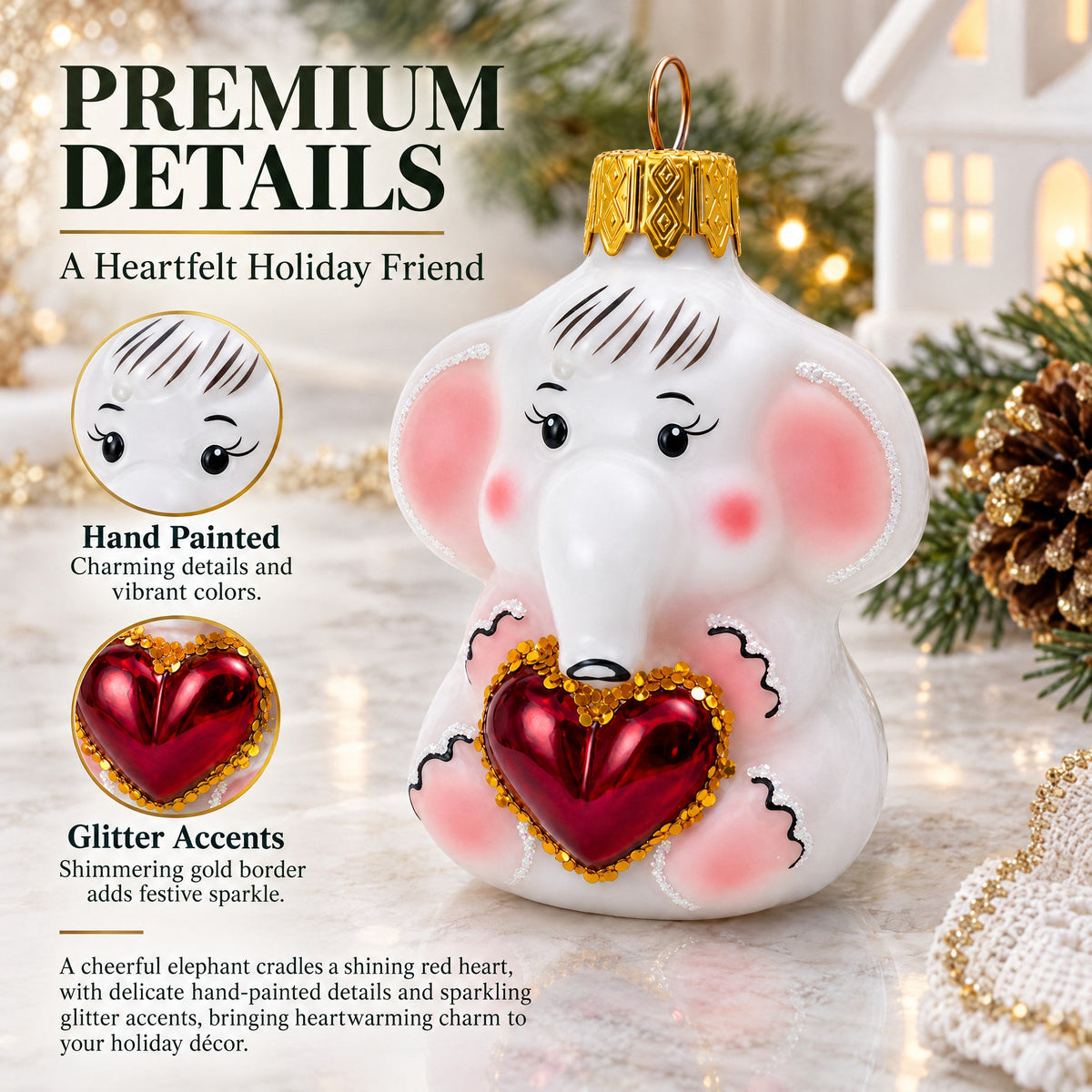 White Elephant with Red Heart Mini Glass Christmas Ornament
