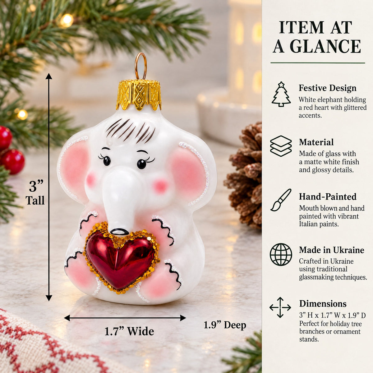 White Elephant with Red Heart Mini Glass Christmas Ornament