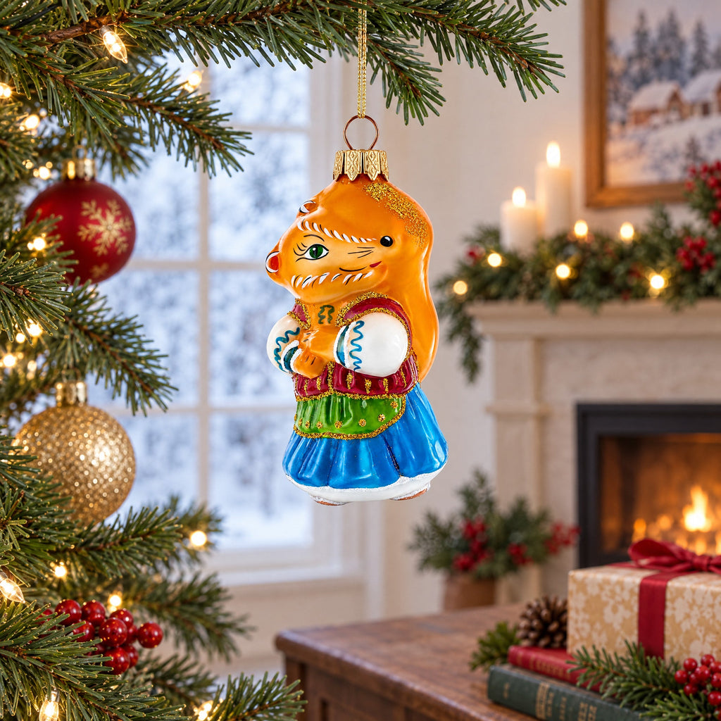 Fox in Folk Embroidered Costume Glass Christmas Ornament