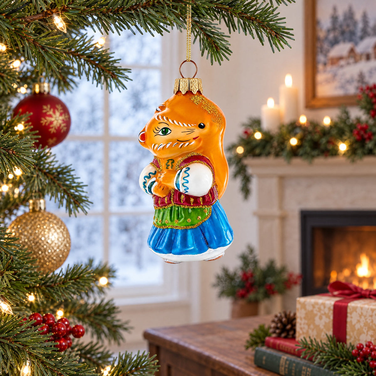 Fox in Folk Embroidered Costume Glass Christmas Ornament