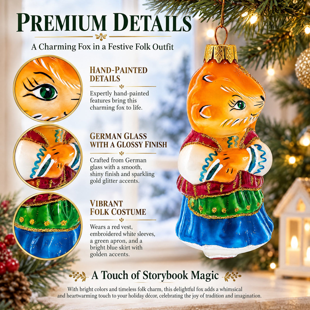 Fox in Folk Embroidered Costume Glass Christmas Ornament