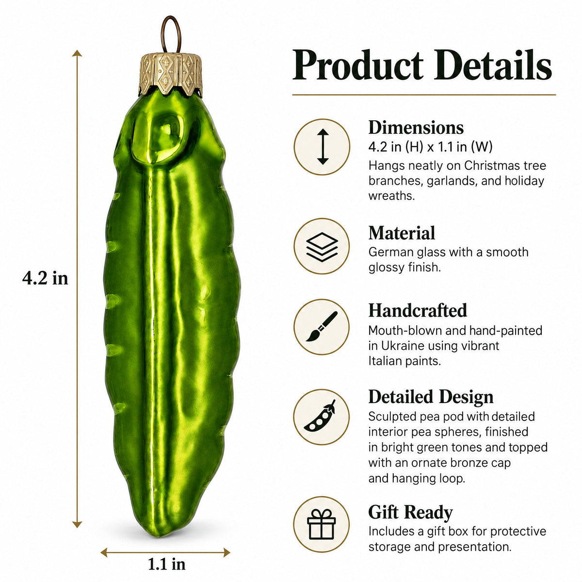 Green Pea Pod Glass Christmas Ornament
