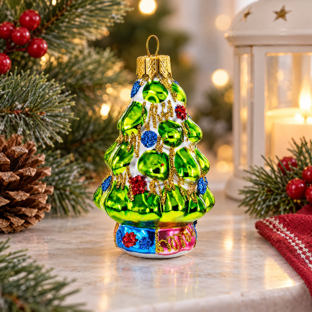 Tree Adorned with Golden Garland Glass Christmas Ornament