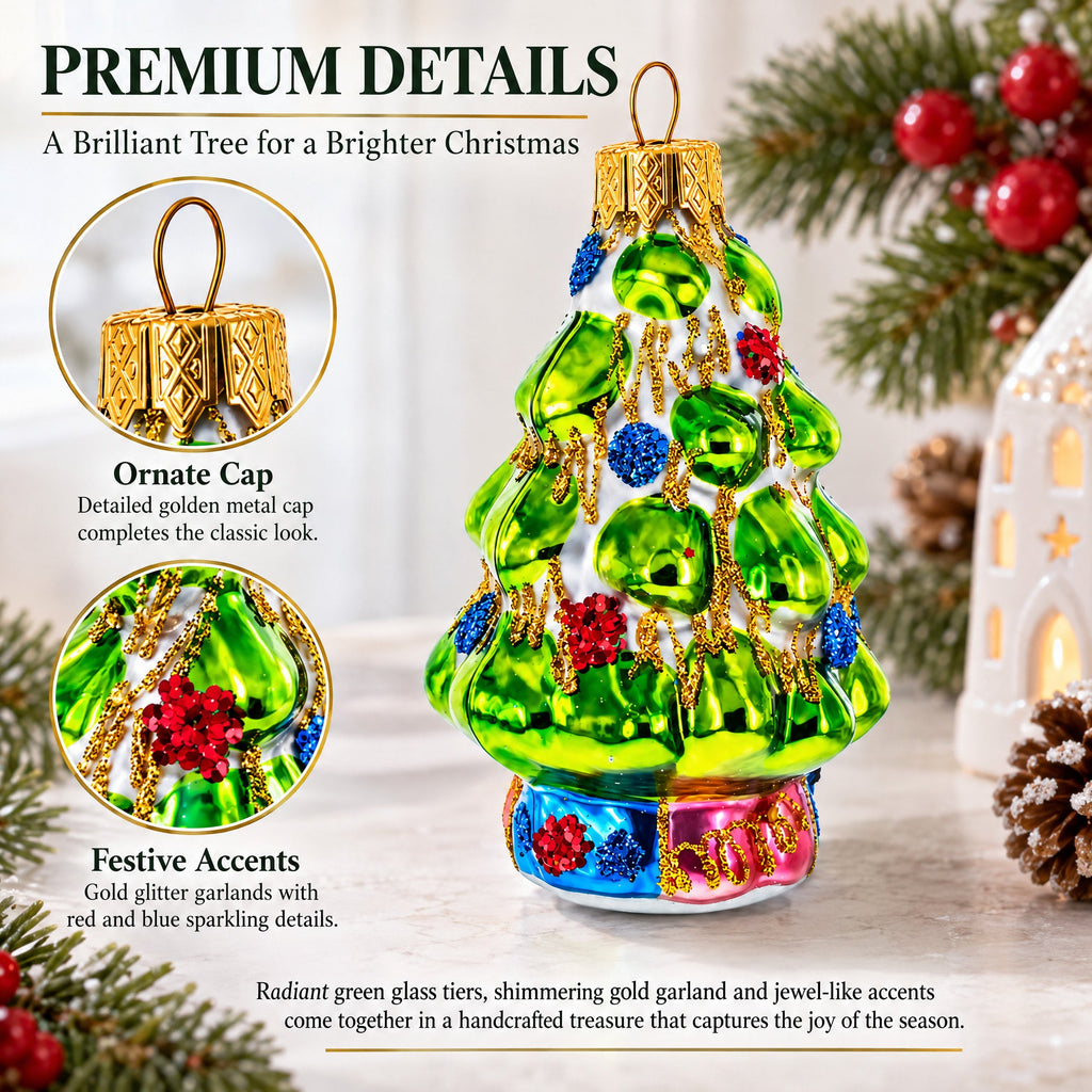 Tree Adorned with Golden Garland Glass Christmas Ornament