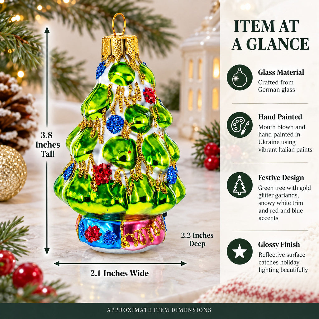 Tree Adorned with Golden Garland Glass Christmas Ornament