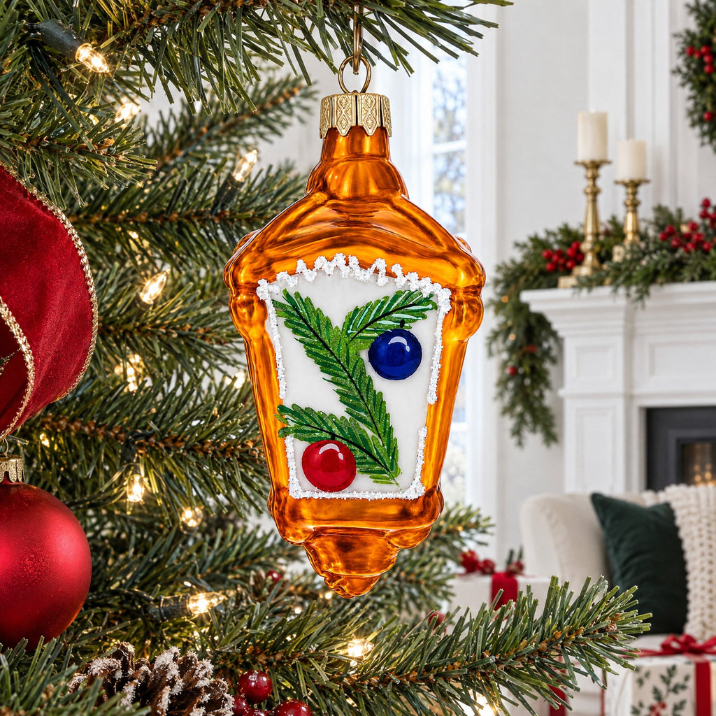 Lantern with Pine Branch Glass Christmas Ornament