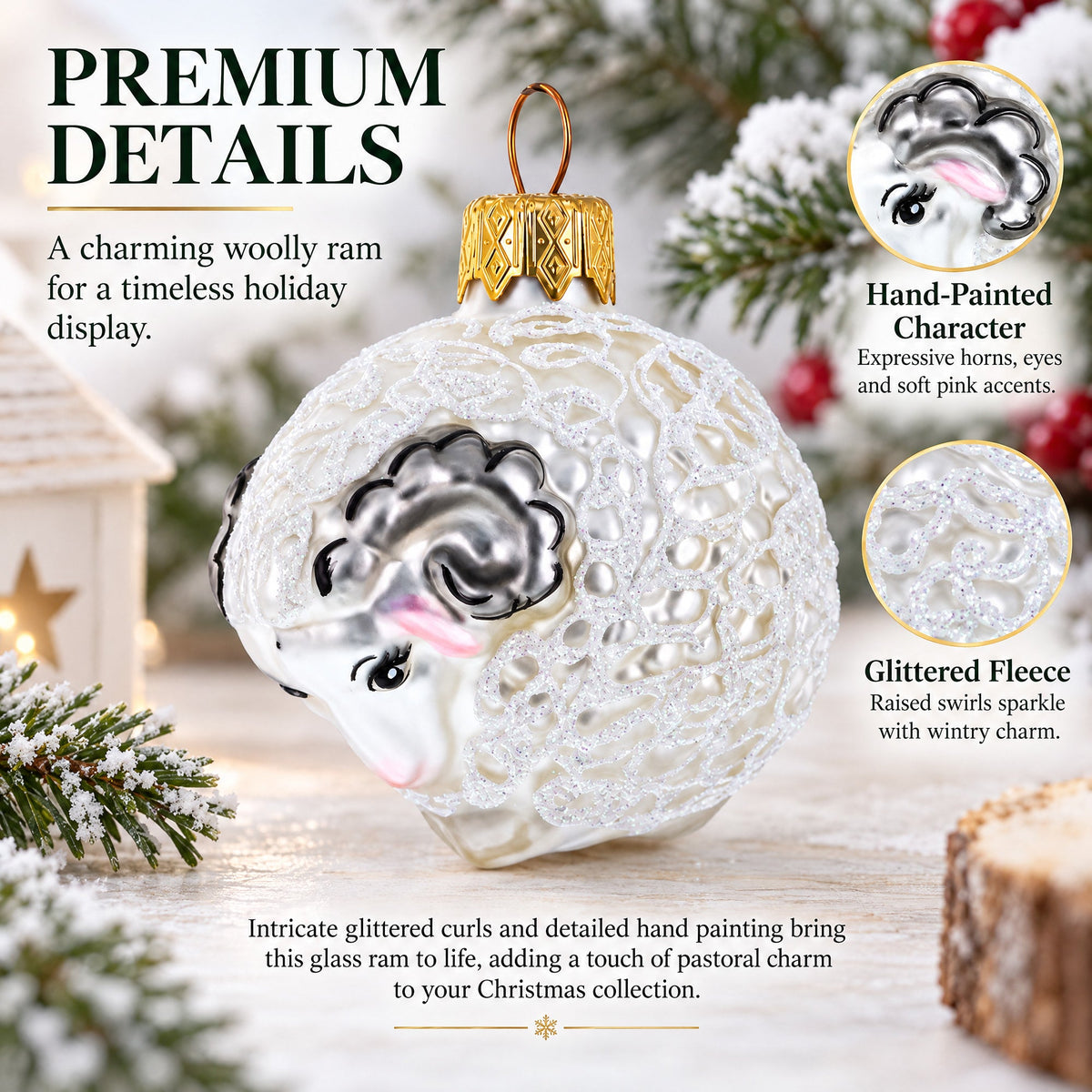 Woolly Ram with Curly Fleece Mini Glass Christmas Ornament