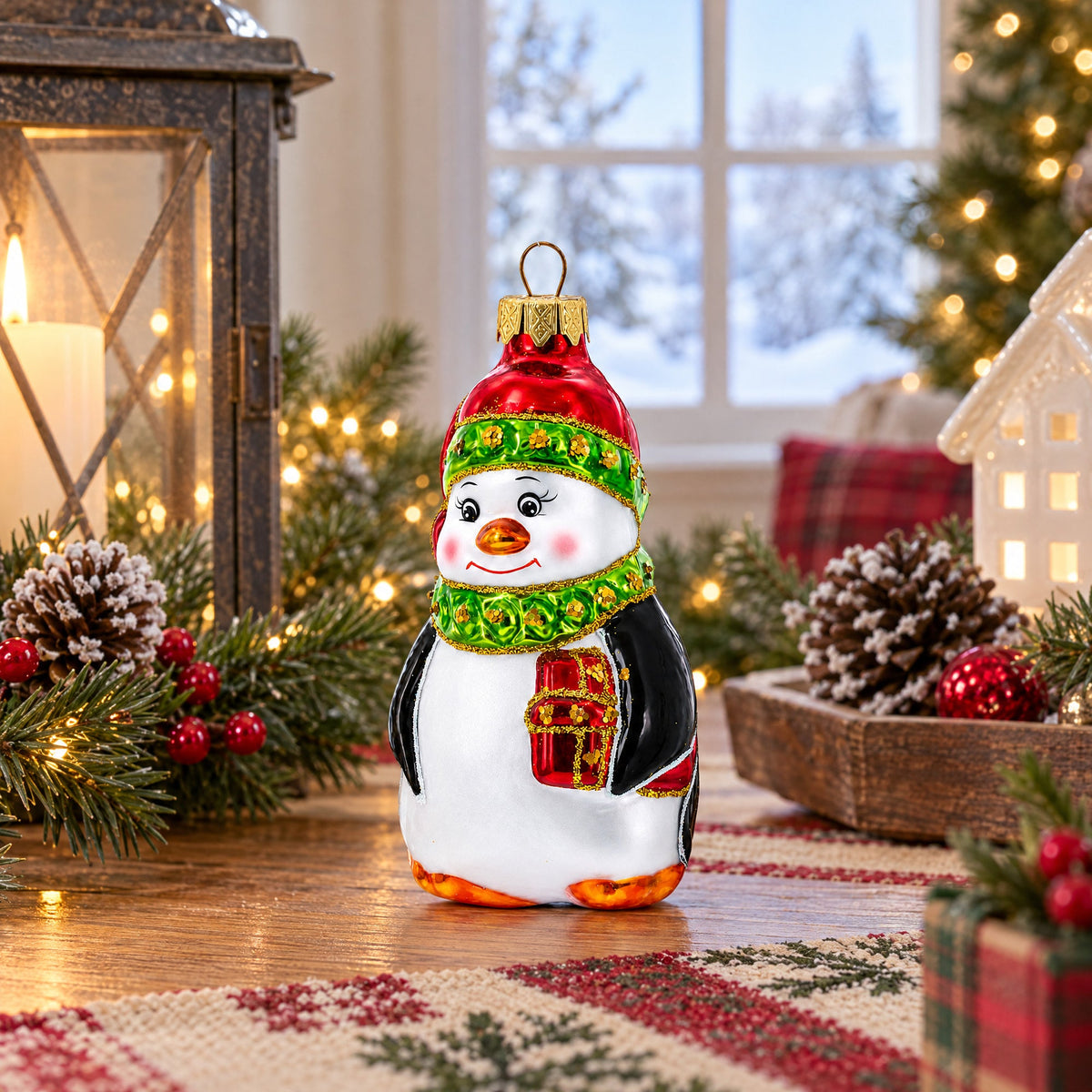 Penguin in Santa Hat with Red Present Glass Christmas Ornament