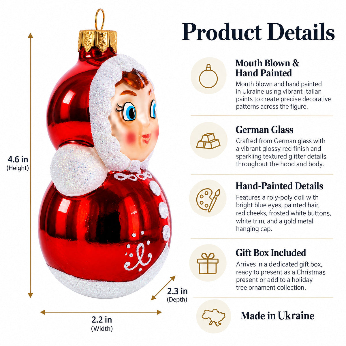 Roly-Poly Doll with Blue Eyes Glass Christmas Ornament