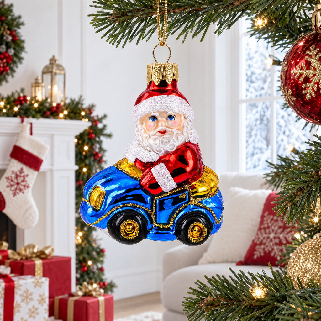 Santa Driving Blue Car Glass Ornaments
