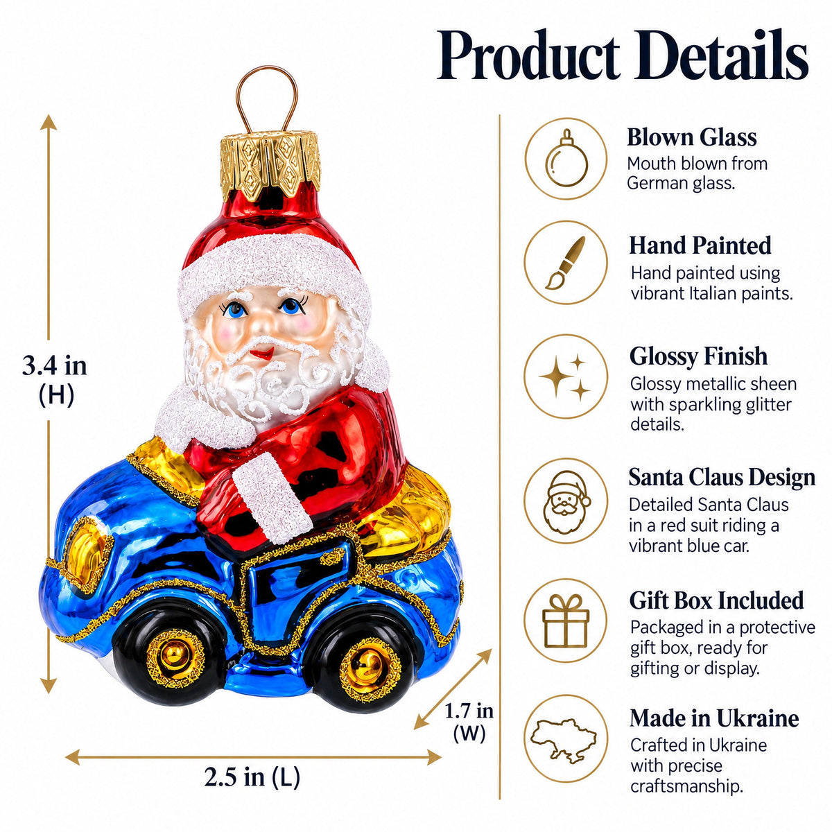 Santa Driving Blue Car Glass Ornaments