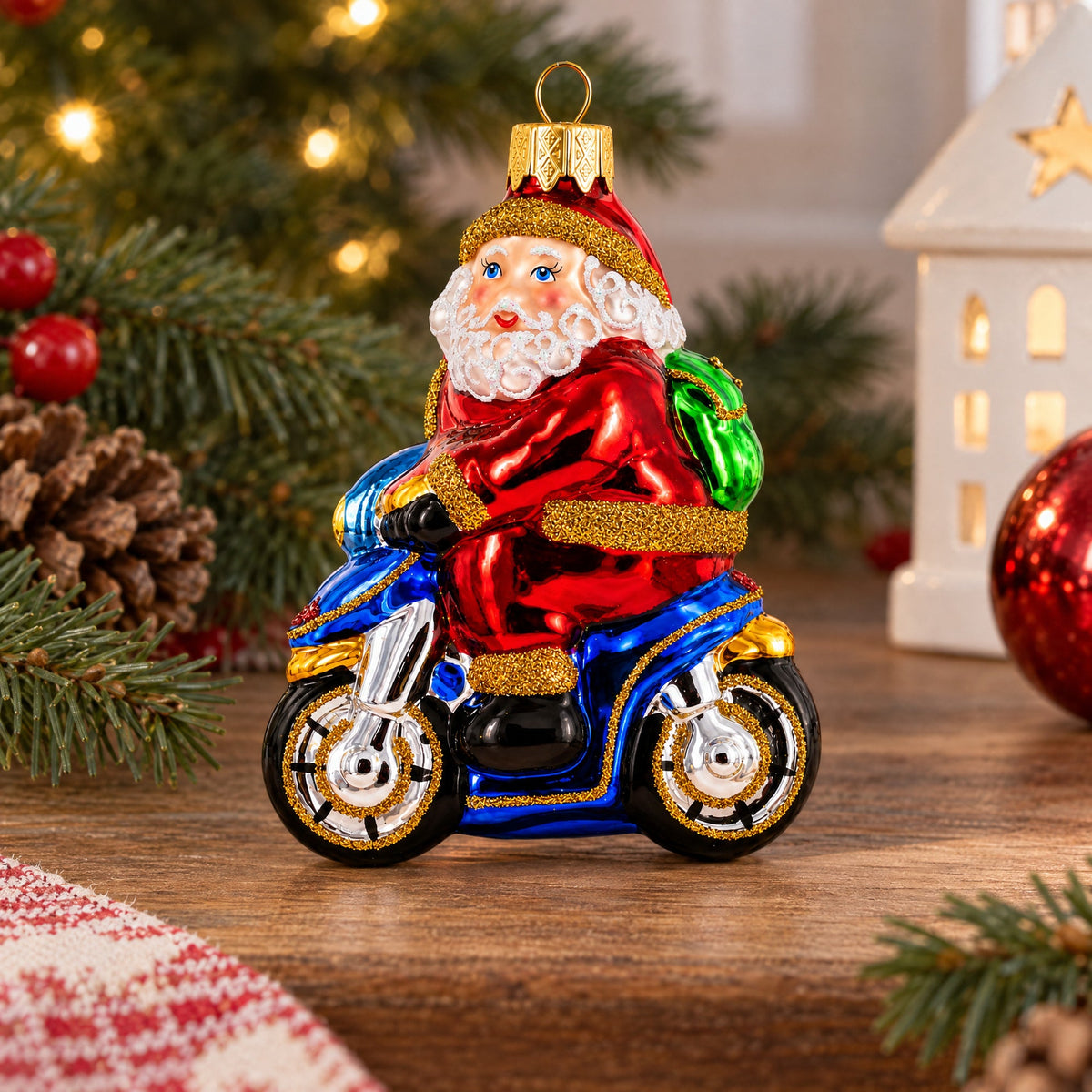 Santa on Motorcycle with Green Backpack Glass Christmas Ornament