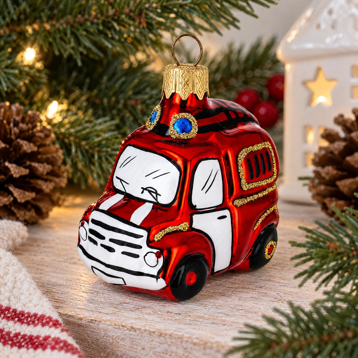Red Firefighting Truck Mini Glass Christmas Ornament