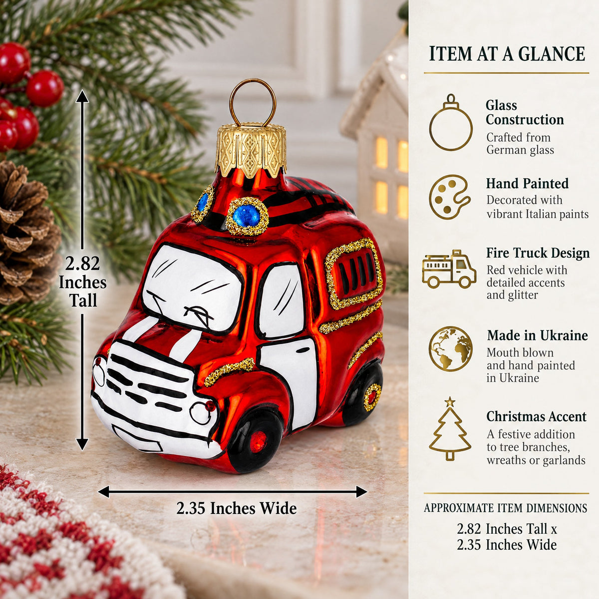 Red Firefighting Truck Mini Glass Christmas Ornament