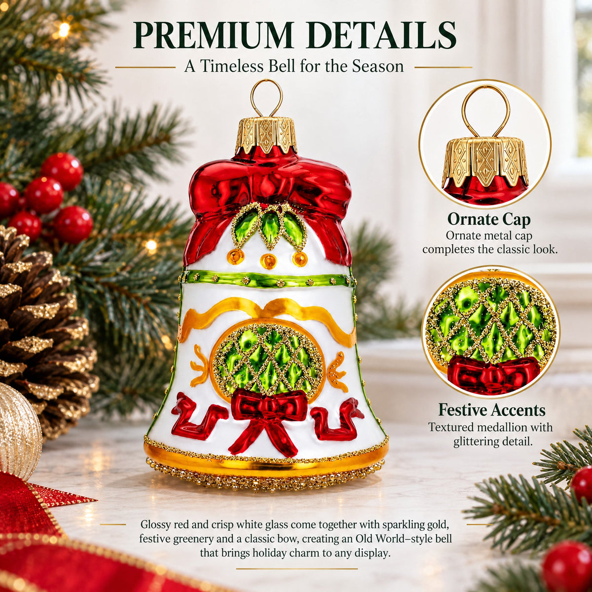 Decorated Bell Glass Christmas Ornament