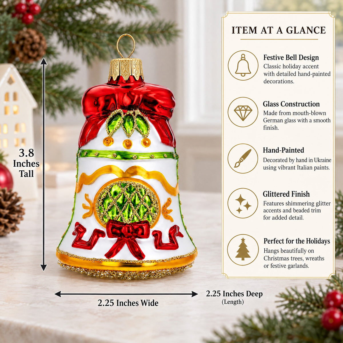 Decorated Bell Glass Christmas Ornament