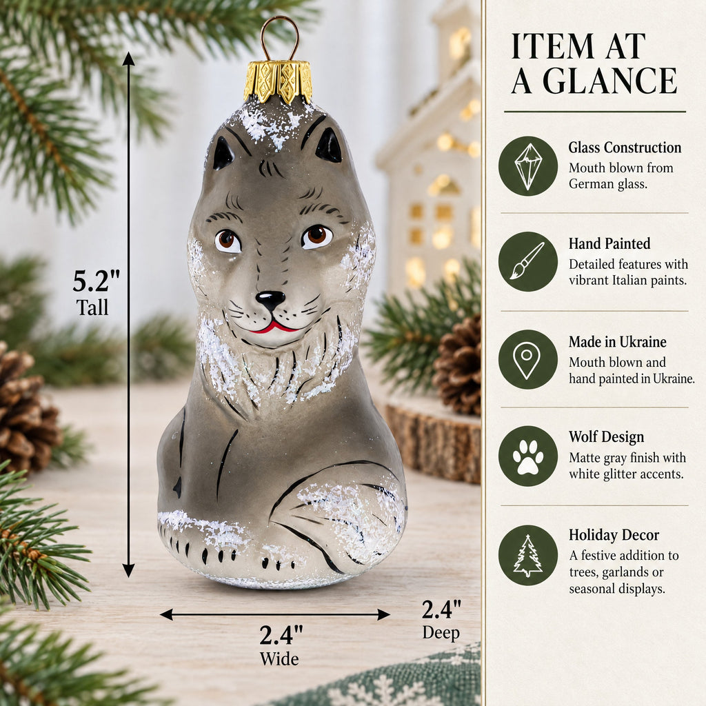 Gray Wolf Glass Christmas Ornament