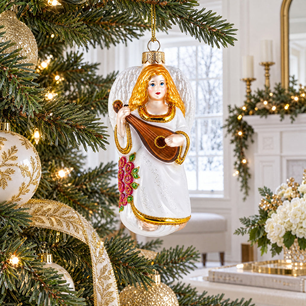 Guardian Angel Playing Mandolin Glass Christmas Ornament