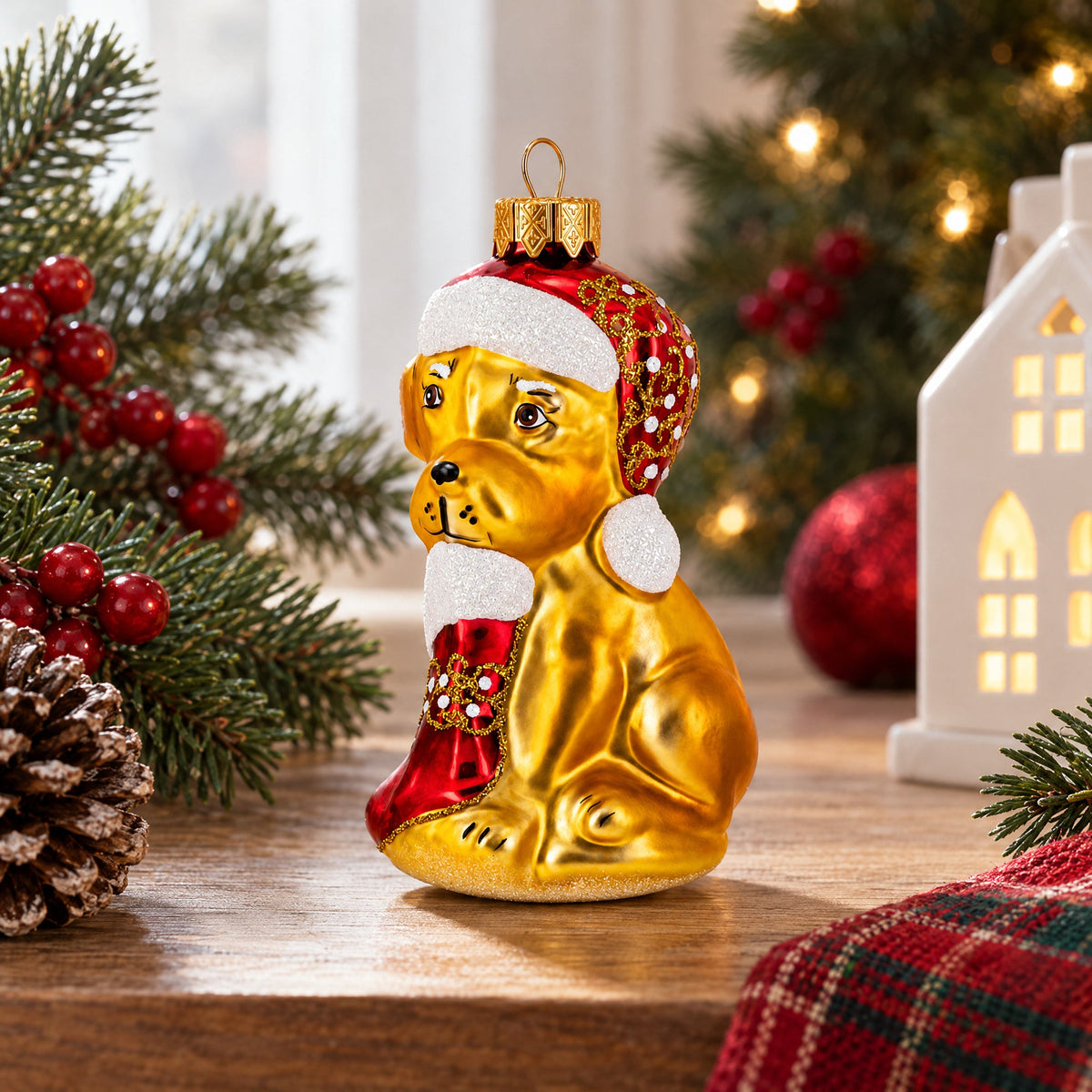 Puppy in Santa Hat with Stocking Glass Christmas Ornament