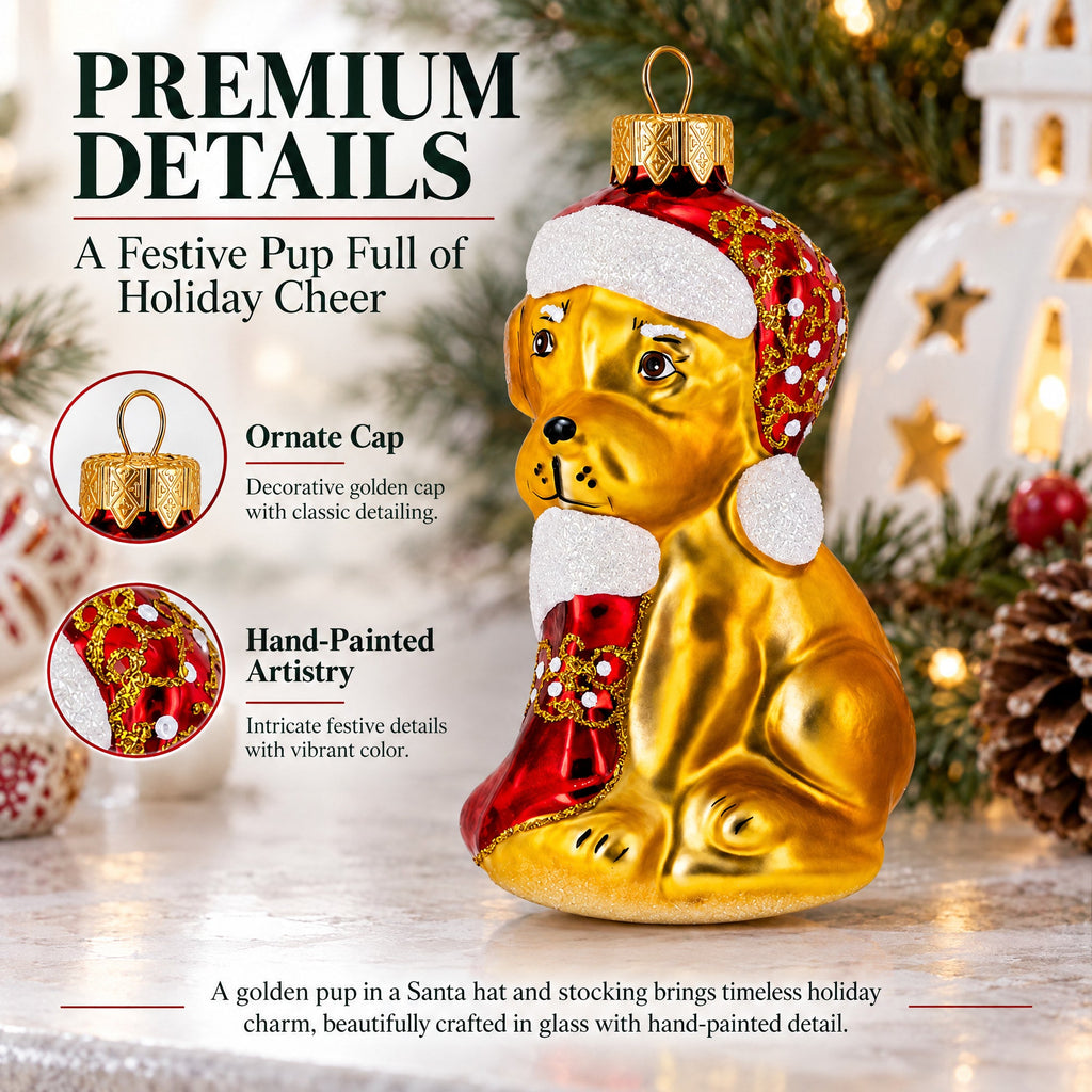 Puppy in Santa Hat with Stocking Glass Christmas Ornament