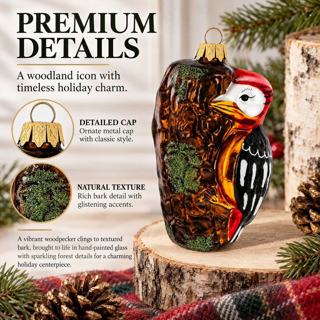 Red Headed Woodpecker Perched On Bark Glass Christmas Ornament