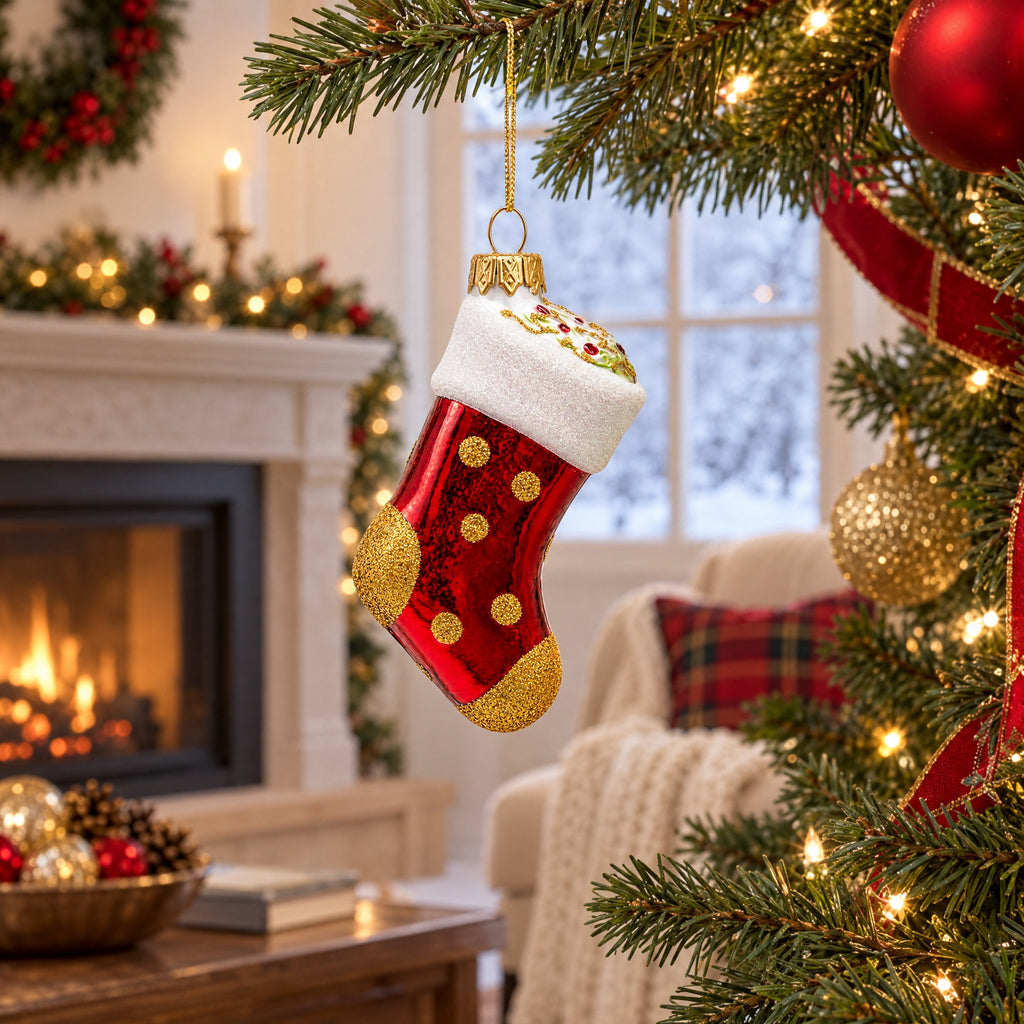 Golden Polka Dot Stocking Glass Christmas Ornament